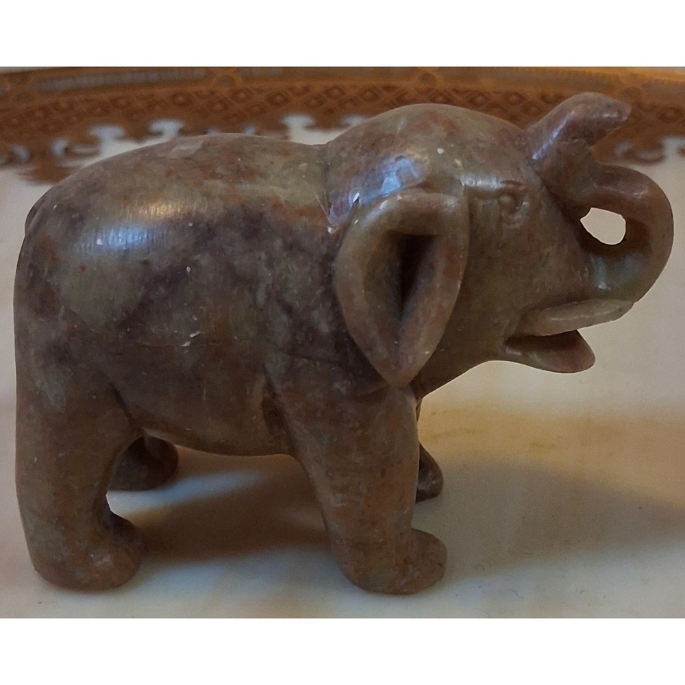 Vintage Hand Carved Soapstone Elephant Figurine Trunk Up Good Luck Stone Decor